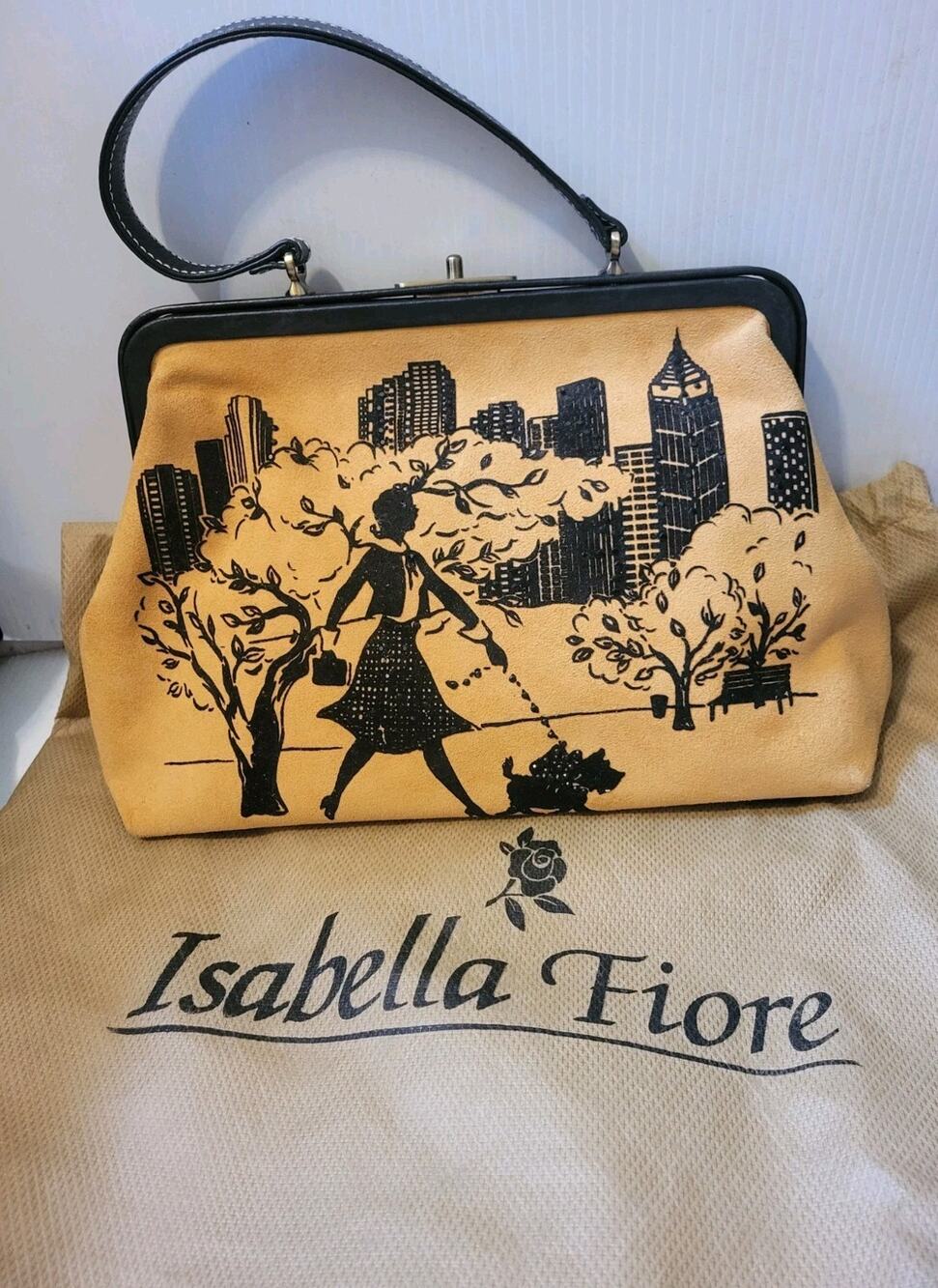 Isabella Fiore Illustrated City Walk Design Central Park Tan Suede Handbag